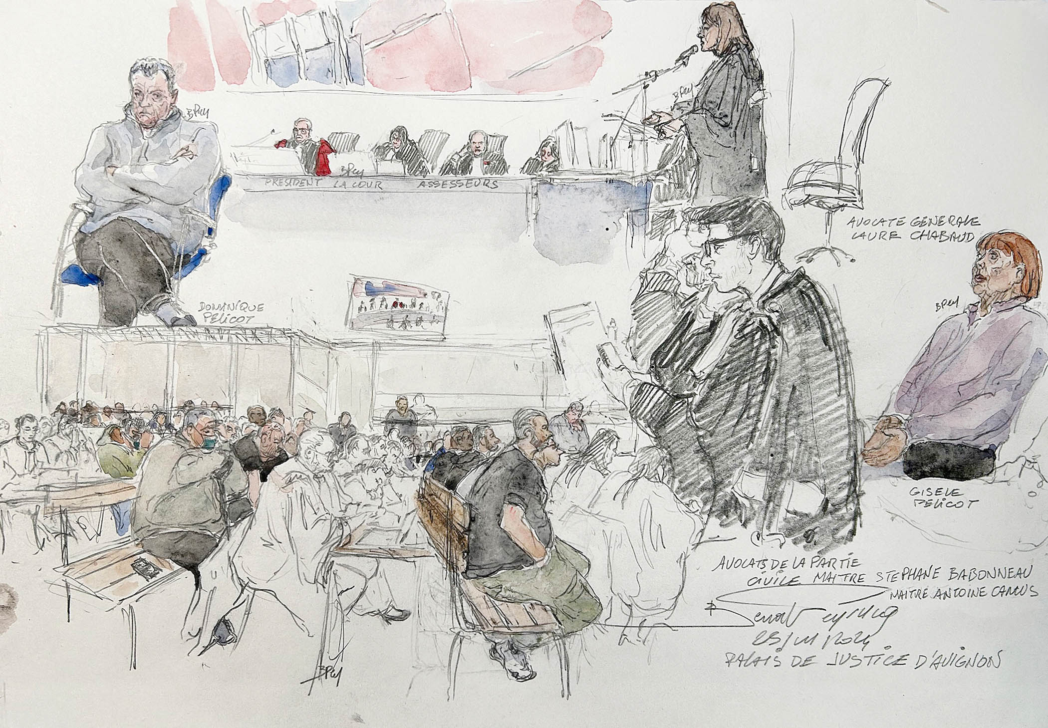 A court sketch depicting Dominique Pelicot, top left, from November 2024