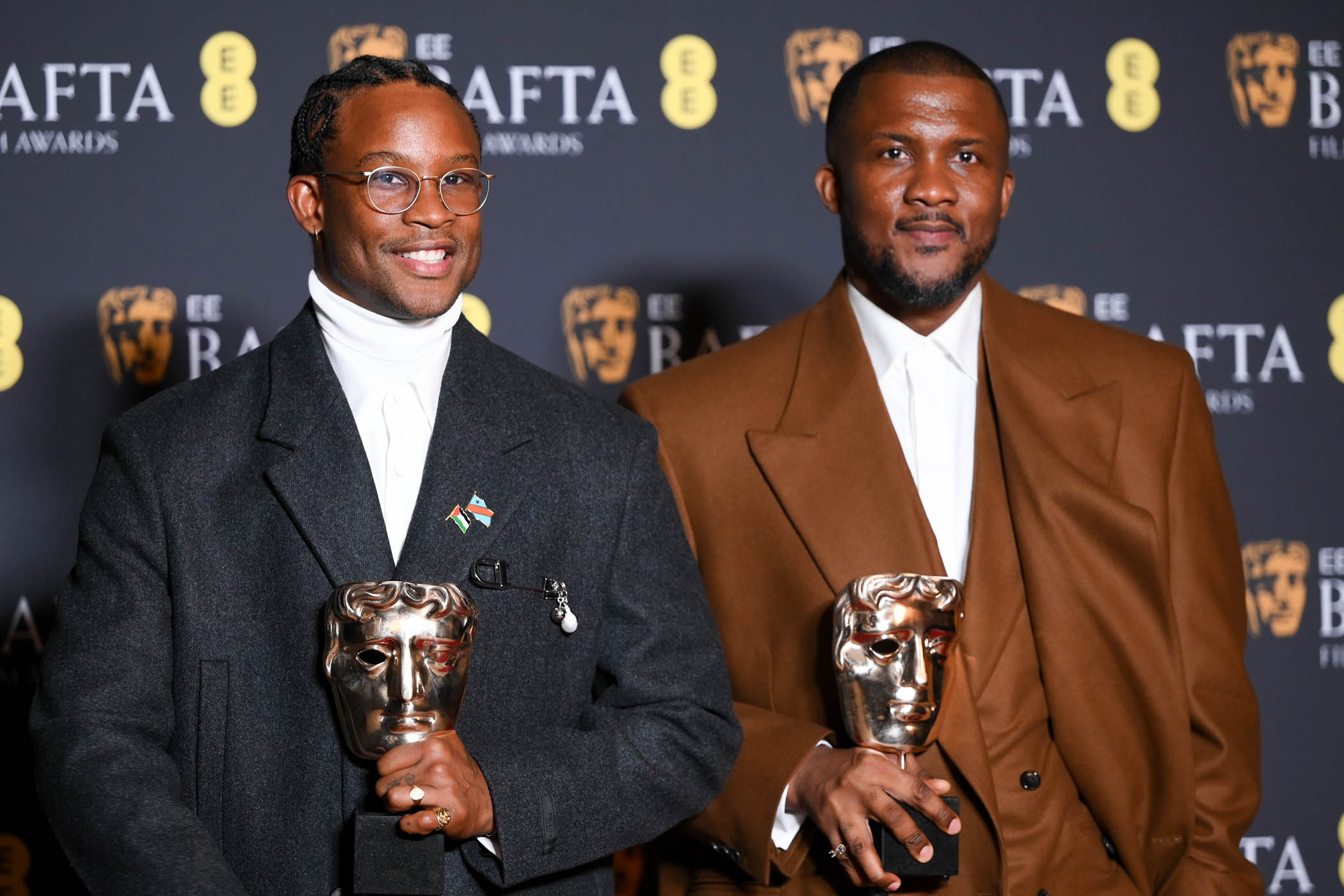 Akinola Davies JR, whose remark calling for a free Palestine was cut by the BBC broadcast, and Wale Davies. Main image: Robert Aramayo wins a surprise best actor award