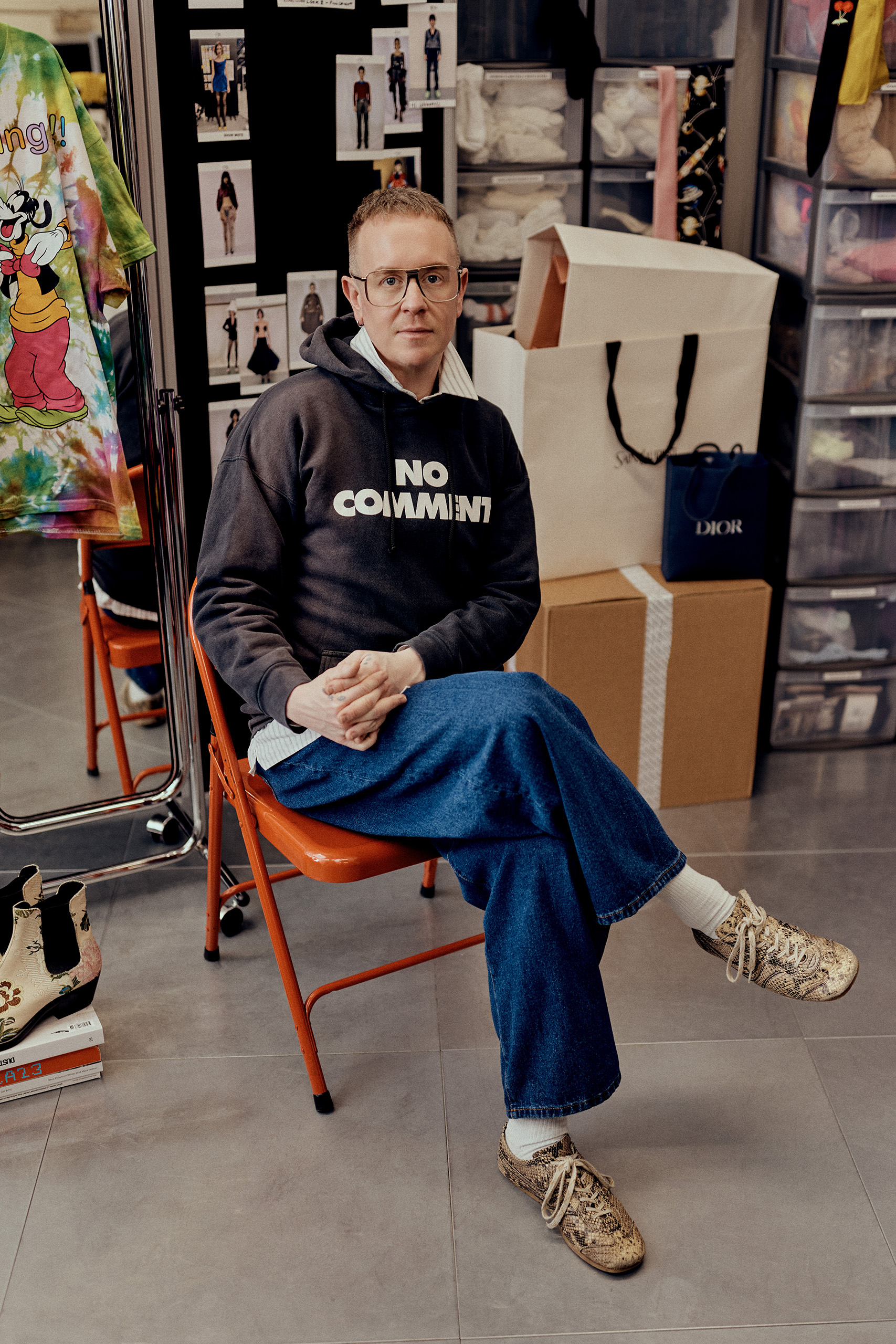 Lambert's white-walled studio space in east London is filled with memorabilia