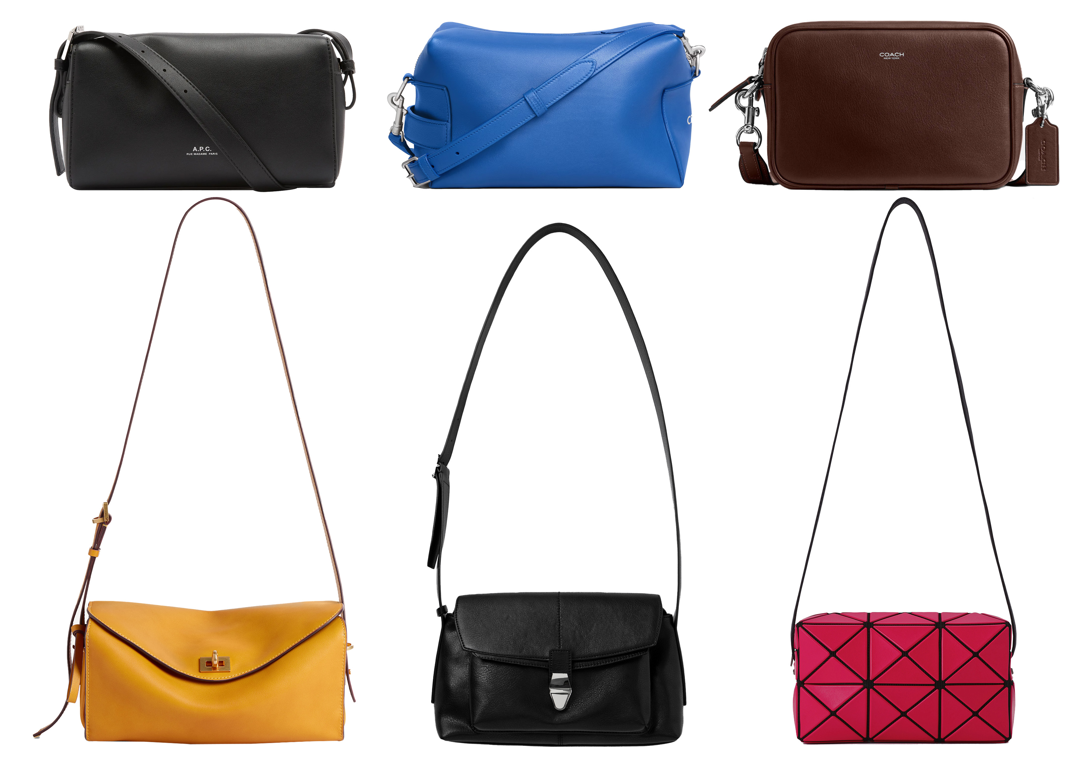 From top left: Black, £169, APC (End). Blue, £1,500, Celine. Brown, £250, Coach. Yellow, £2,390, Balenciaga. Black, £325, Solid Homme. Red, £395, Bao Bao Issey Miyake. Main image: olive leather flight bag, £325, Paul Smith