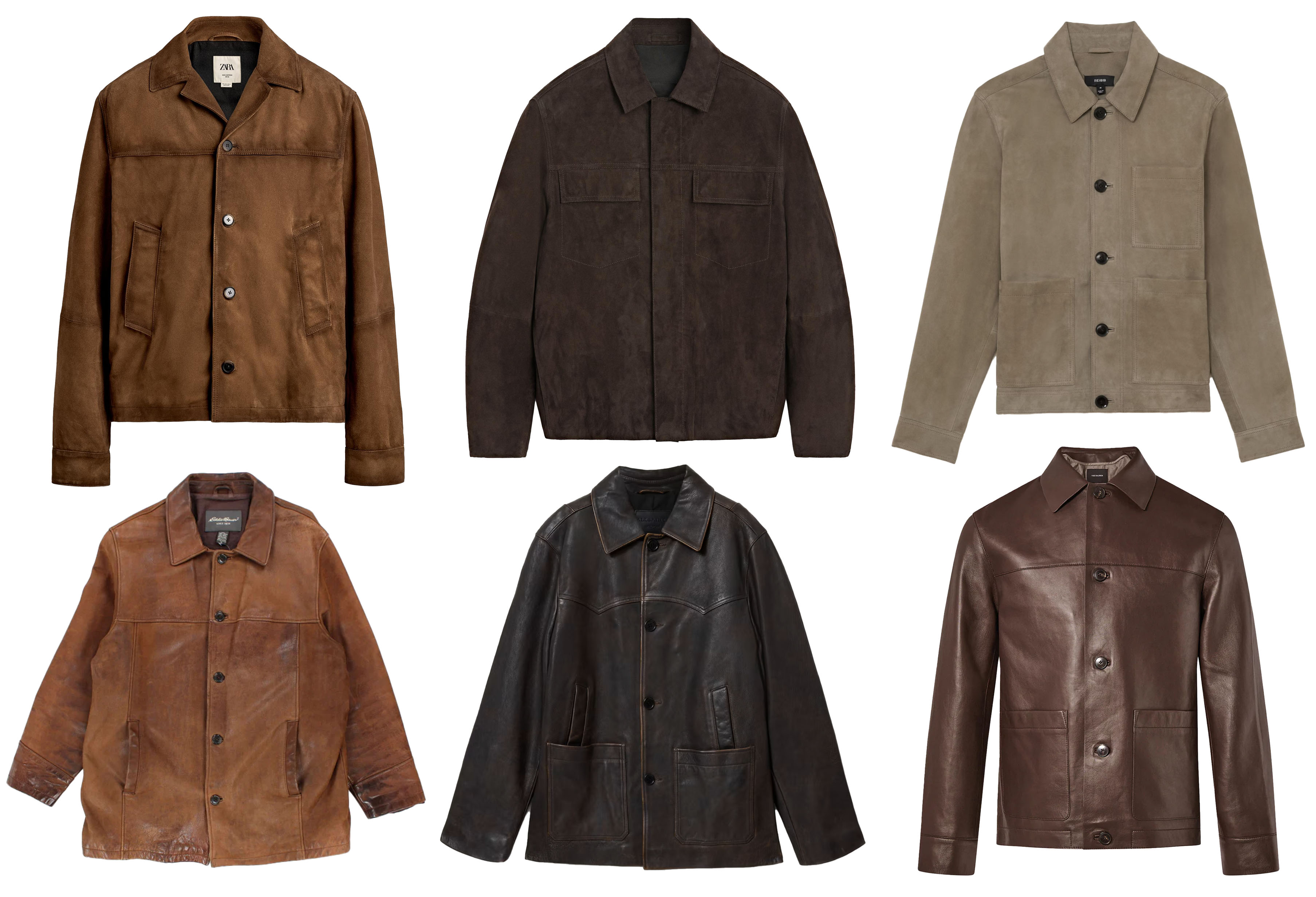 From top left: Brandy jacket, £189, Zara. Dark suede, £299, Massimo Dutti. Sage, £398, Reiss. Vintage, £103 Rokit, Cognac, £499, All Saints. Nappa finish, £ 1760, Yves Salomon. Main image: model wears jacket, Yves Salomon