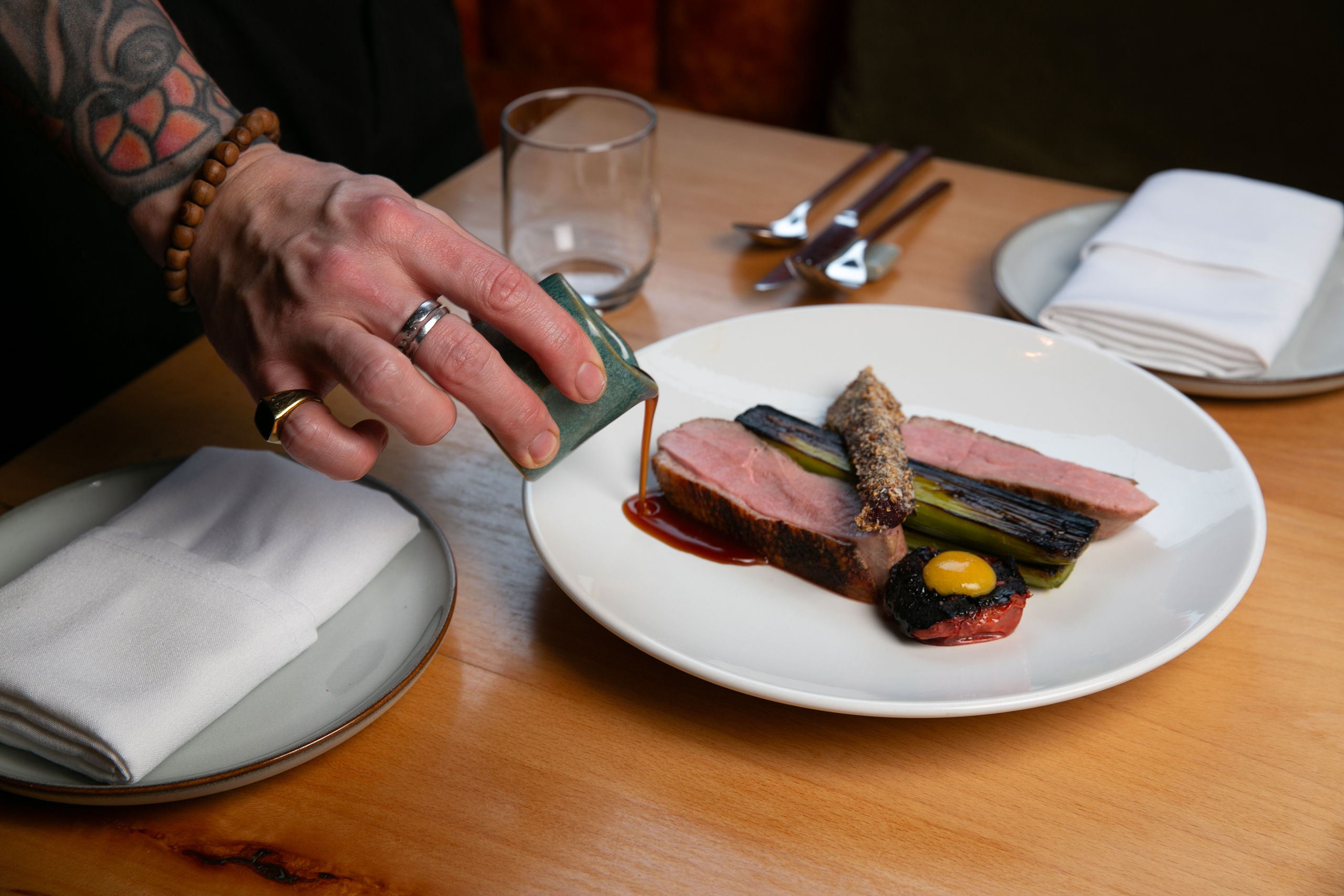 ‘Mintily vibrant’: cornish duck, umeboshi plum, roasted beetroot, fired leeks