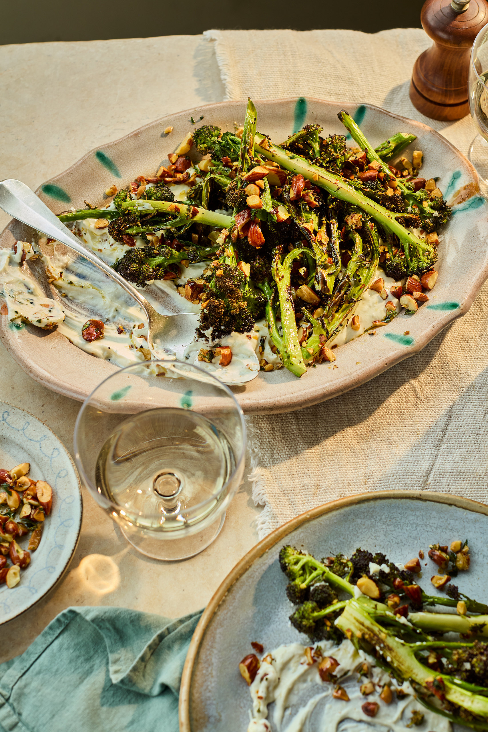 Grilled broccoli with smoked garlic yoghurt and toasted almonds