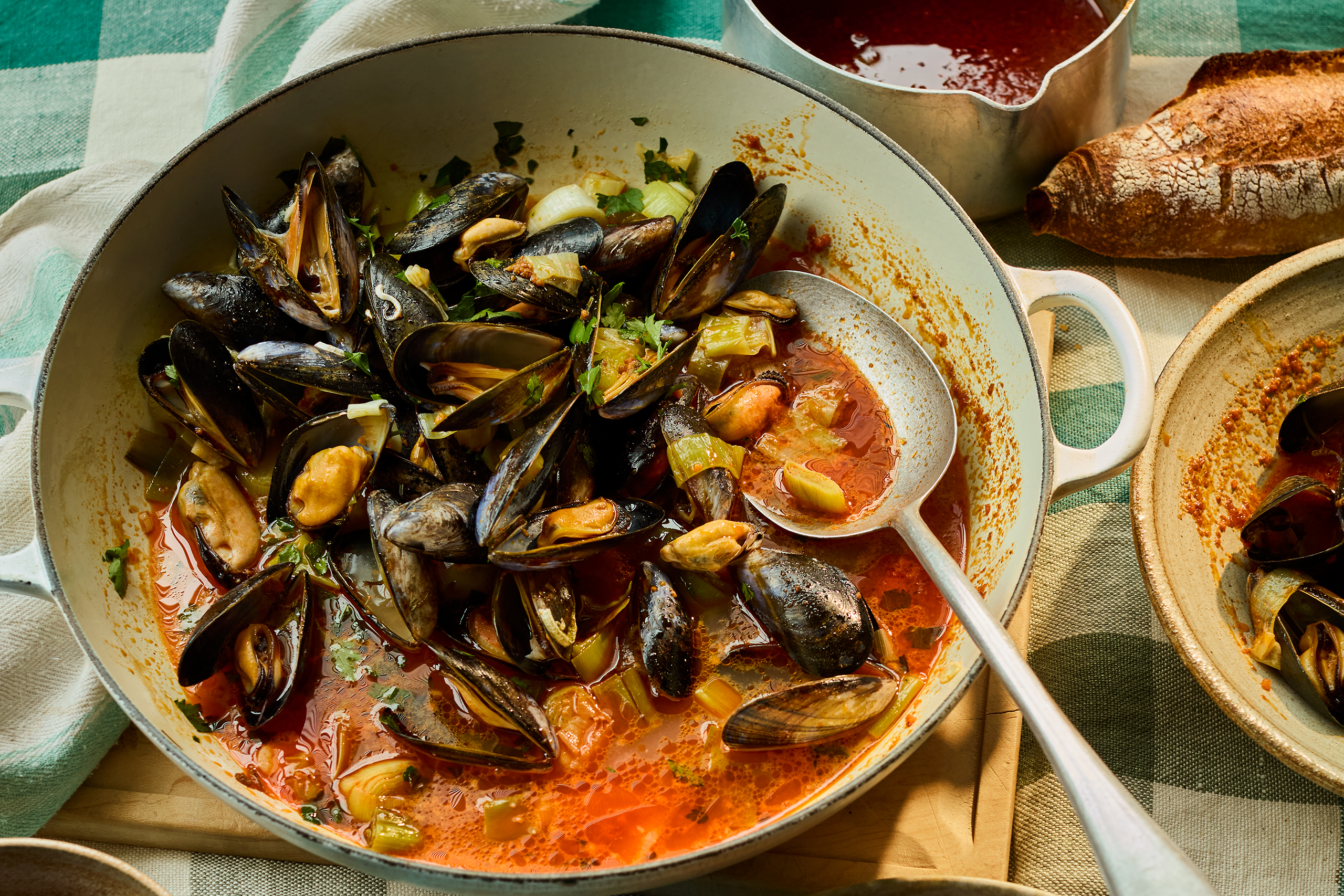 Tomos Parry’s mussels with leeks, cider and sobrasada butter