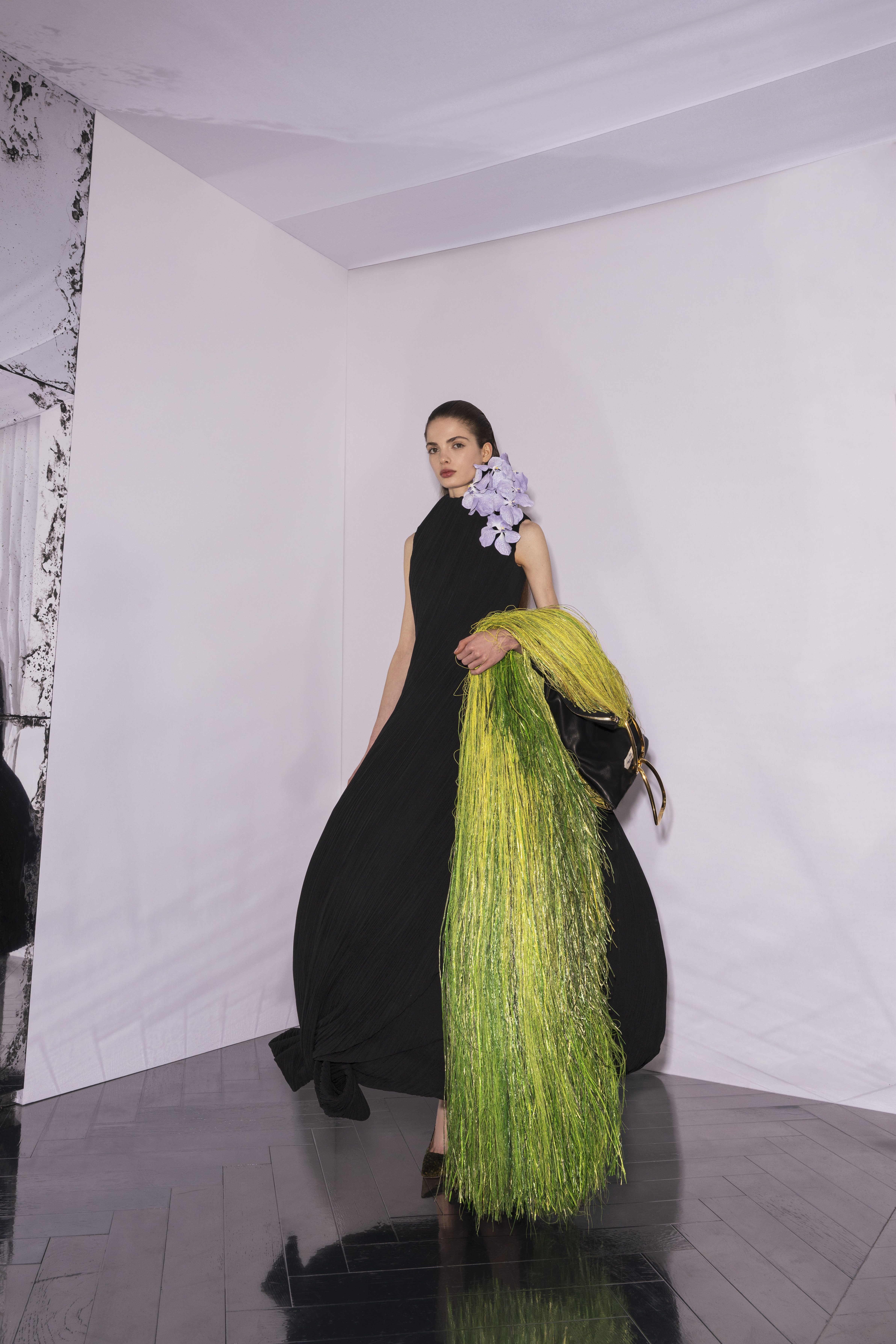 MAGDALENE Long high-neck dress in black silk georgette, hand-pleated and twisted over lightweight ruched tulle structure