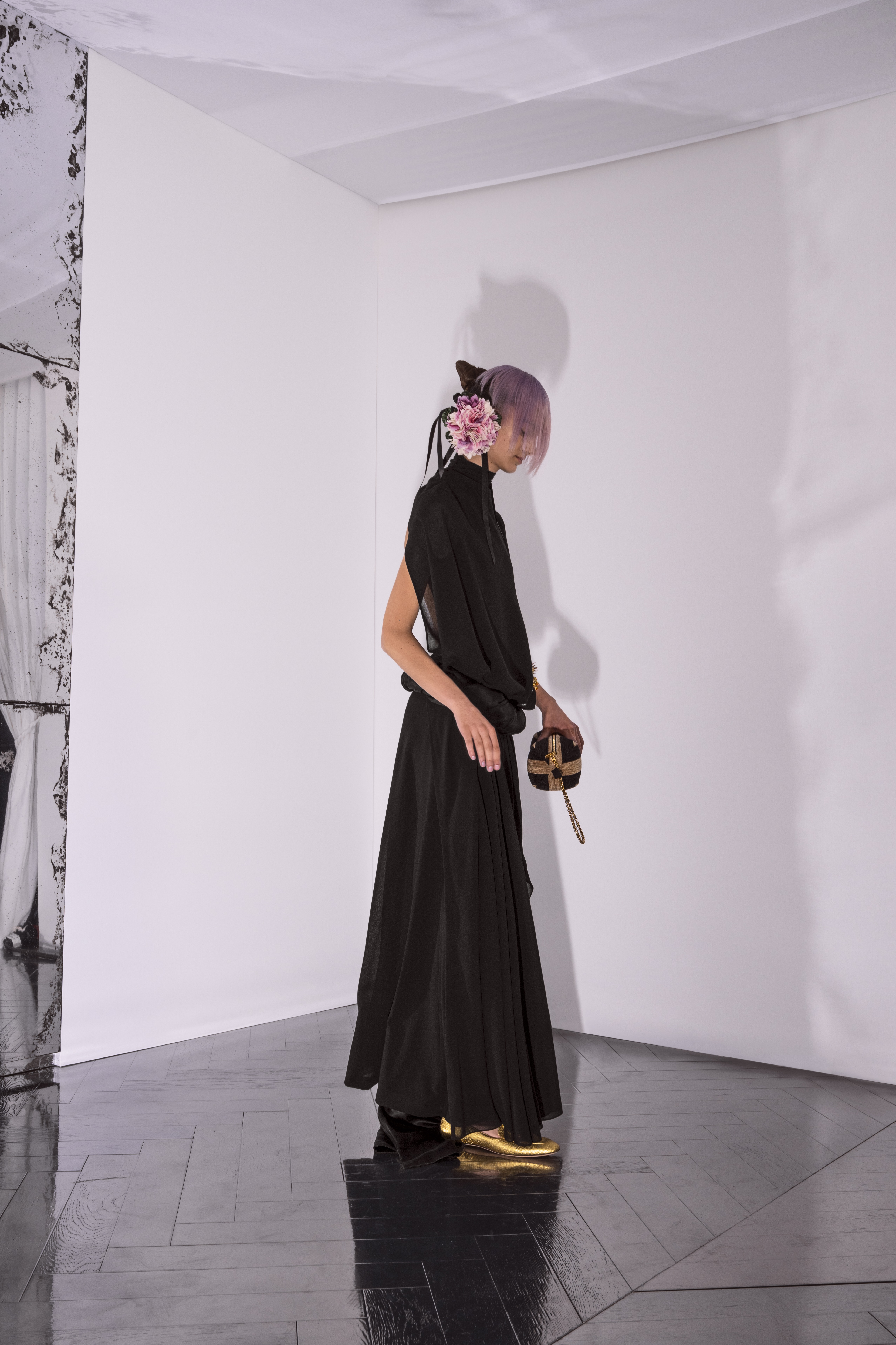 BOUDOIR Long dress in black wool gauze  with a twisted silk satin belt, with bead, sequin and silk thread-embroidered buttercup yellow and orange wildflower bouquets