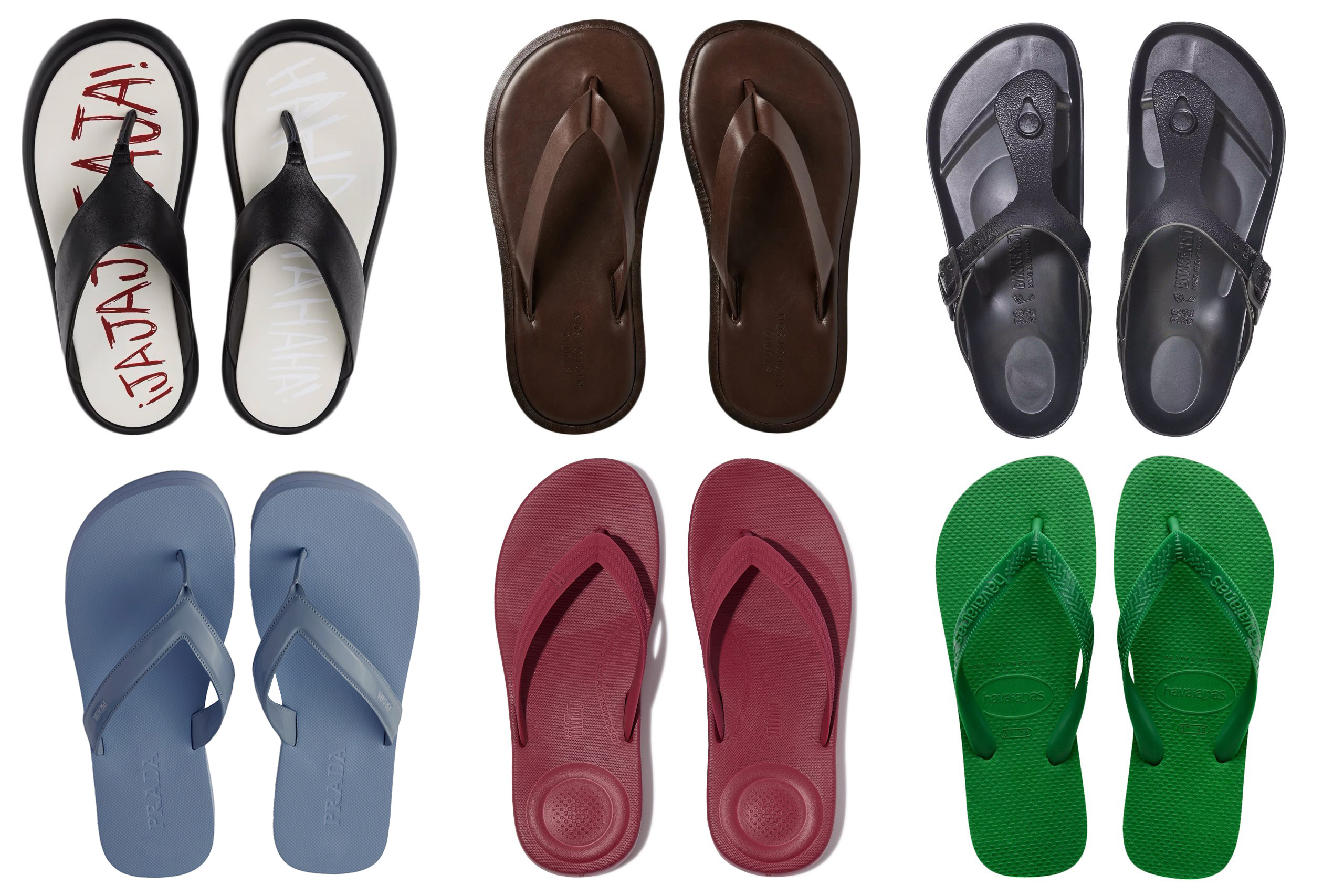 Clockwise from top left: twins, £130, Camper; brown, £325, Studio Nicholson; black, £45, Birkenstock; green, £23, Havaianas; textured-strap, £32, fitflop; blue leather, £570, Prada