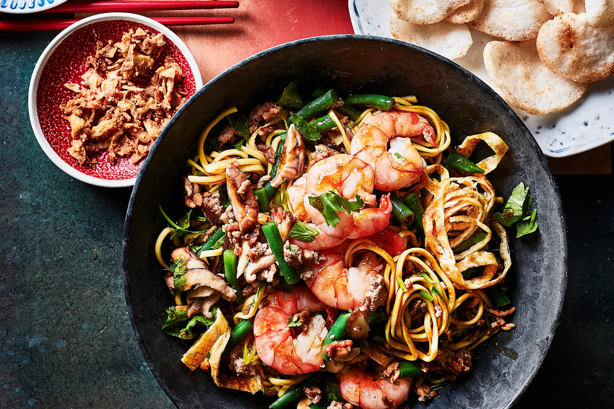 Mie goreng with pork, prawn and shiitake
