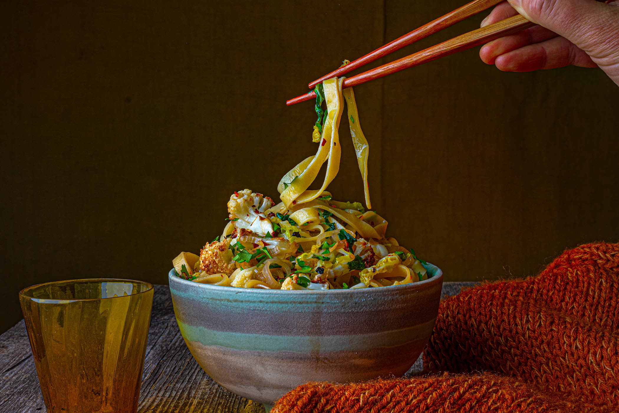 Savoy cabbage, roasted cauliflower and cashew chilli noodles (mì xào chay)