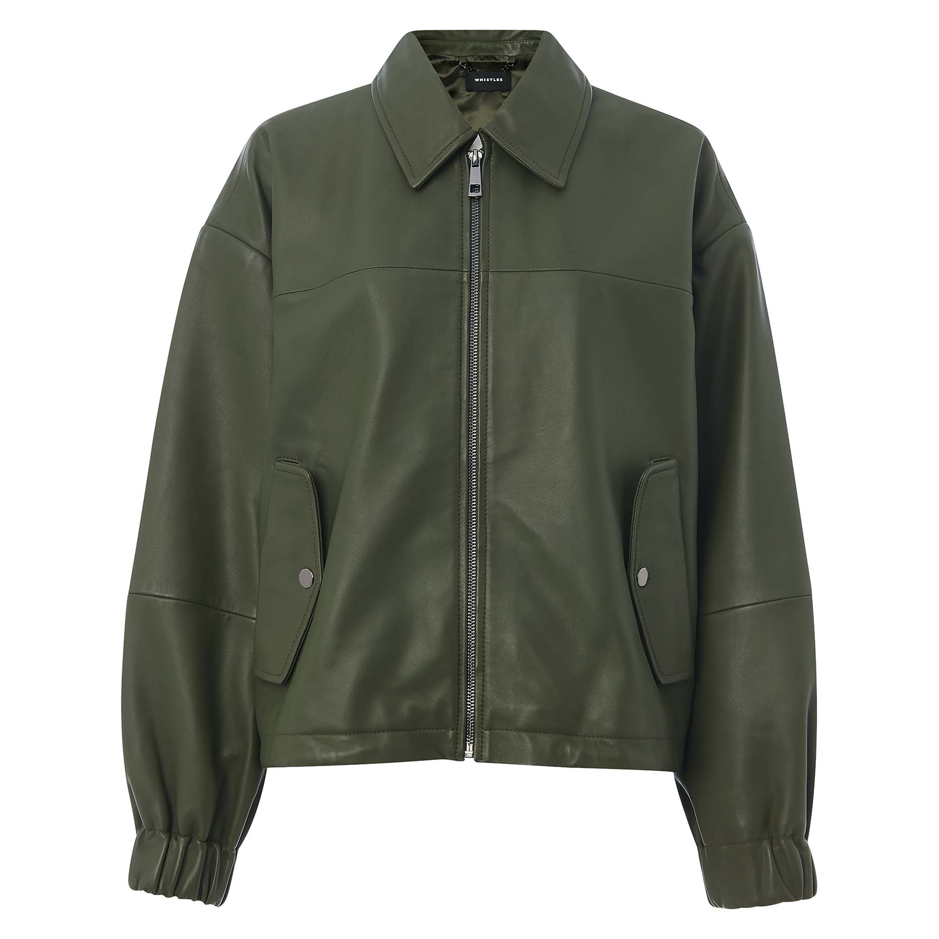 Khaki leather bomber jacket, £449, Whistles